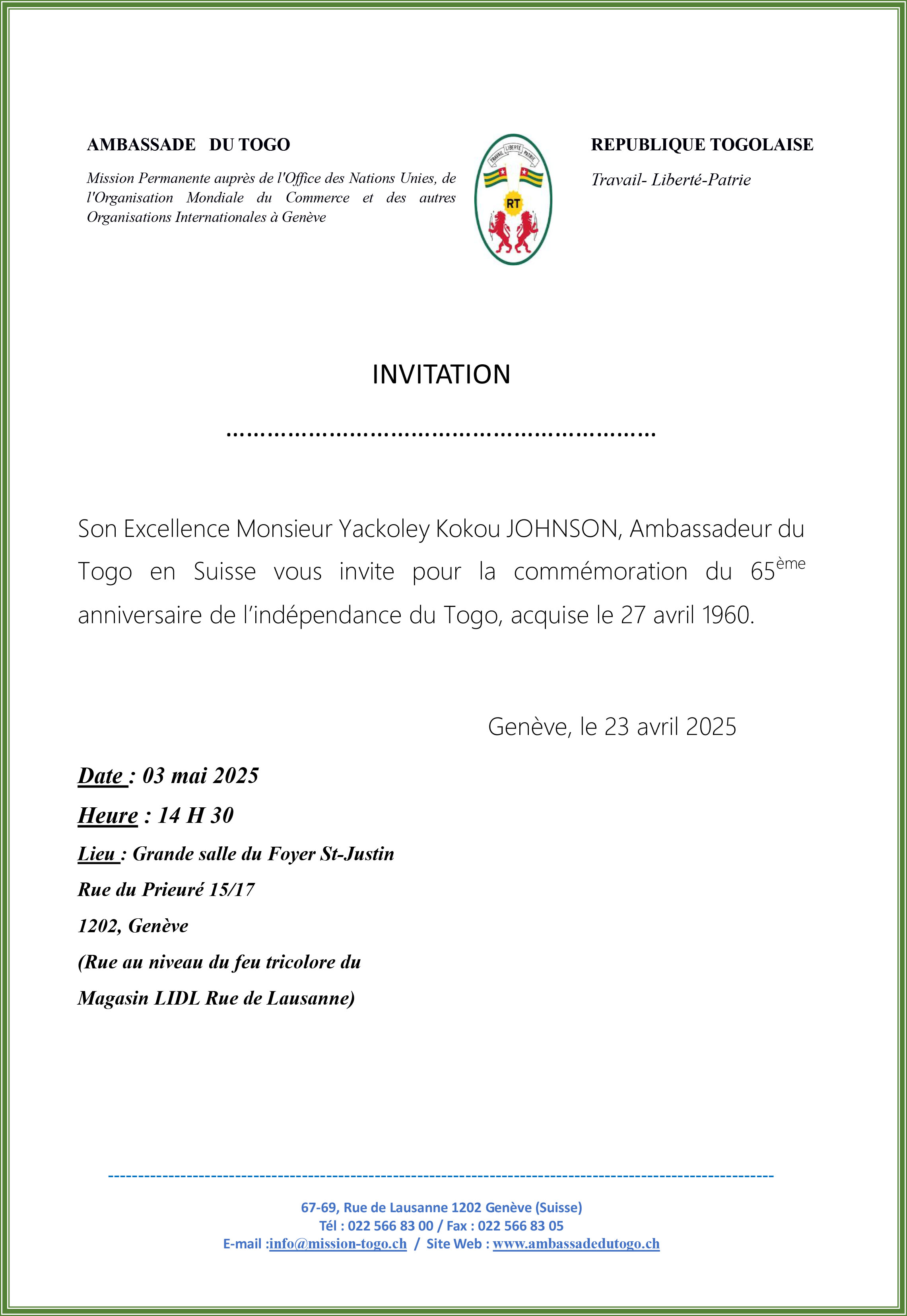 Invitation 65ème anniversaire de l’indépendance du Togo